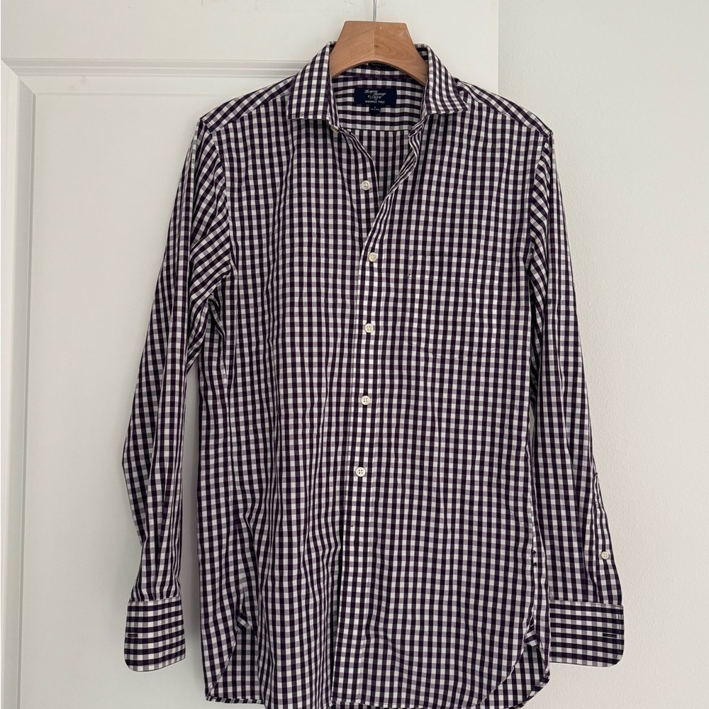 J Crew men’s purple checkered wrinkle free collared button down shirt size small
